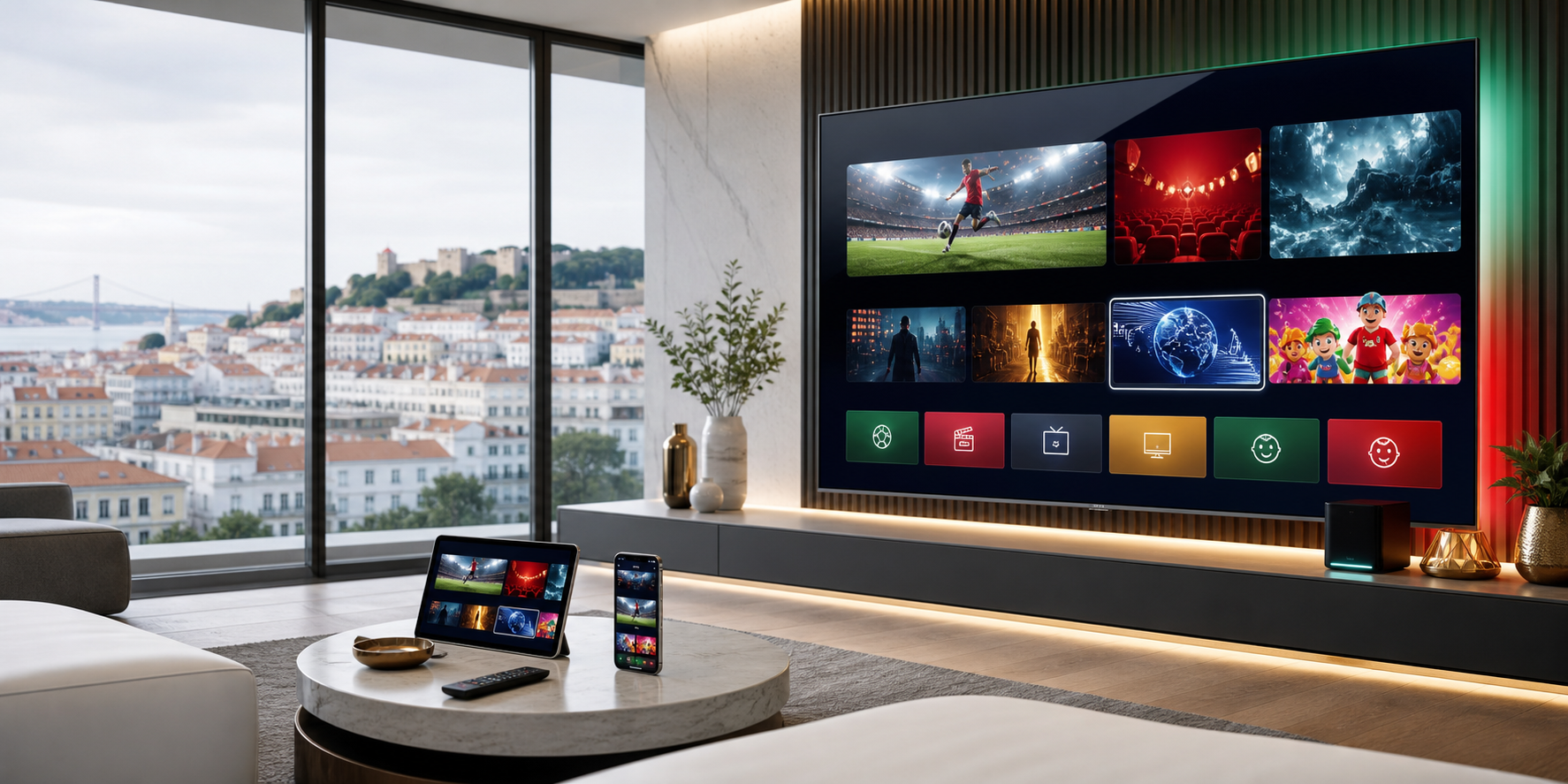 Sala portuguesa moderna com IPTV Portugal numa Smart TV